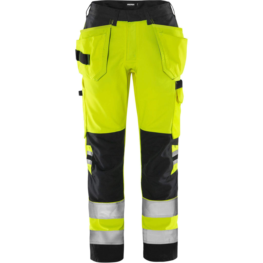 Fristads Womens Hi-Vis Lightweight Craftsman Holster Pocket Trousers Class 2 - 2671 GPLU Hi-Vis Yellow/Black Front1#colour_hi-vis-yellow-black