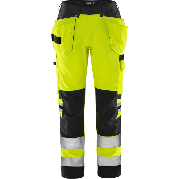 Fristads Womens Hi-Vis Lightweight Craftsman Holster Pocket Trousers Class 2 - 2671 GPLU Hi-Vis Yellow/Black Front1#colour_hi-vis-yellow-black