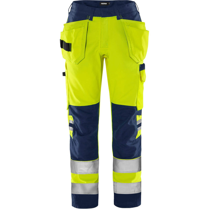 Fristads Womens Hi-Vis Lightweight Craftsman Holster Pocket Trousers Class 2 - 2671 GPLU Hi-Vis Yellow/Navy Front1#colour_hi-vis-yellow-navy