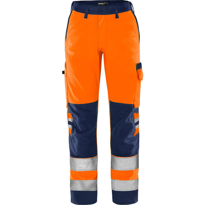Fristads Womens Hi-Vis Lightweight Green Trousers Class 2 - 2642 GPLU Hi-Vis Orange/Navy Front1#colour_hi-vis-orange-navy