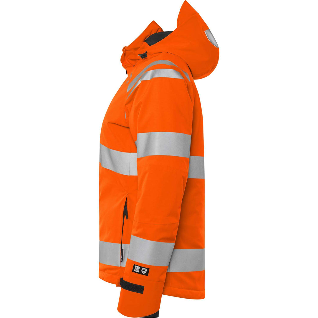 Fristads Womens Hi-Vis Stretch Waterproof Breathable Insulated Winter Jacket Class 3 - 4683 GLPS Hi-Vis Orange Back2#colour_hi-vis-orange