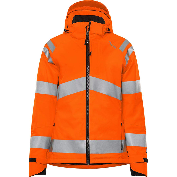 Fristads Womens Hi-Vis Stretch Waterproof Breathable Insulated Winter Jacket Class 3 - 4683 GLPS Hi-Vis Orange Front1#colour_hi-vis-orange