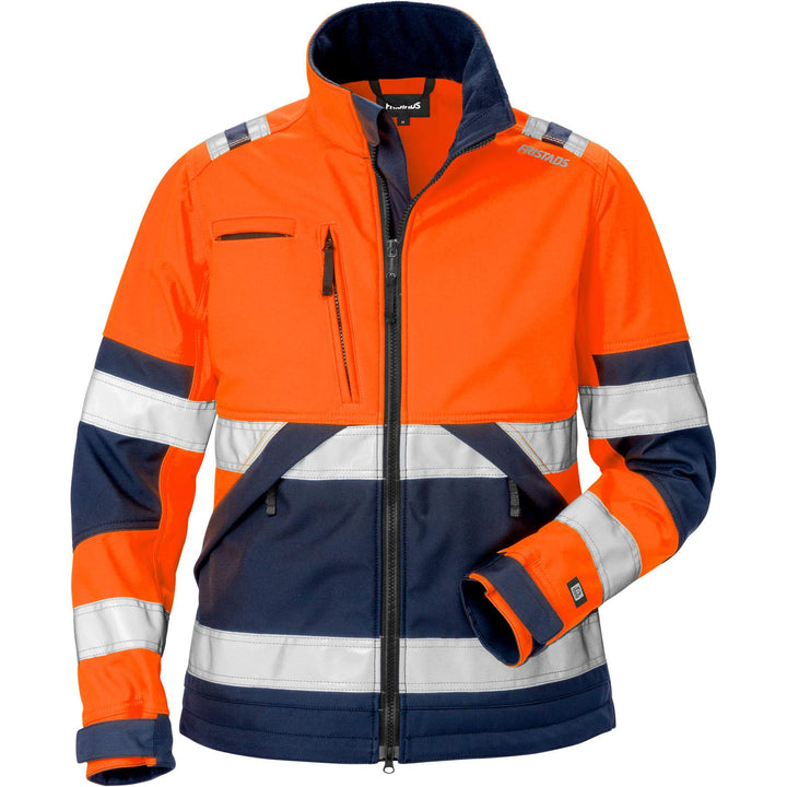 Fristads Womens Hi-Vis Windproof Softshell Jacket Class 2 - 4183 WYH Hi-Vis Orange/Navy Front1#colour_hi-vis-orange-navy