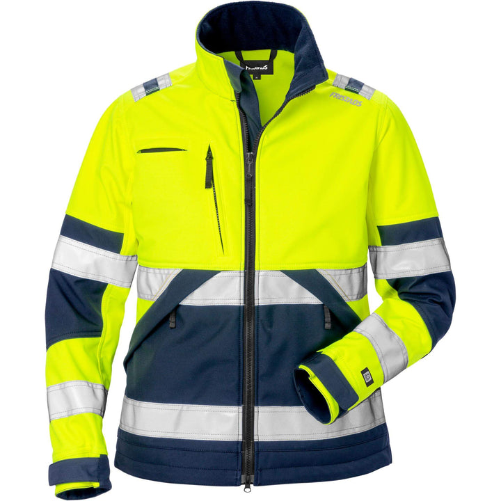 Fristads Womens Hi-Vis Windproof Softshell Jacket Class 2 - 4183 WYH Hi-Vis Yellow/Navy Front1#colour_hi-vis-yellow-navy