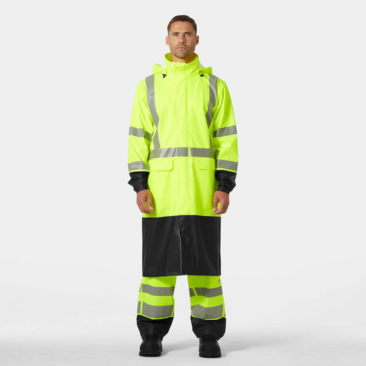 Helly Hansen Addvis Hi-Vis Waterproof Rain Coat Yellow/Ebony OnBody 1#colour_yellow-ebony