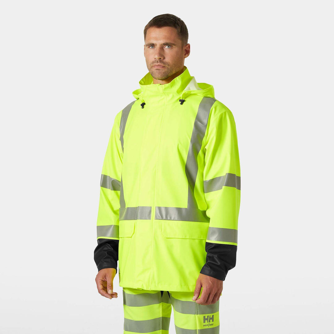 Helly Hansen Addvis Hi-Vis Waterproof Rain Jacket Yellow/Ebony OnBody 1#colour_yellow-ebony