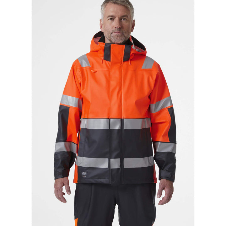 Helly Hansen Alna 2.0 Hi Vis Waterproof Rain Jacket Orange/Ebony 3 On Body 1#colour_orange-ebony