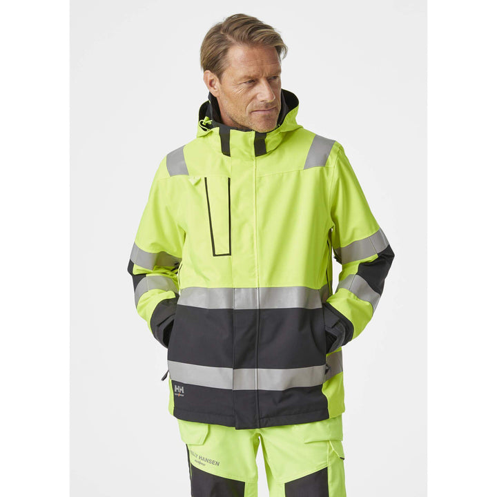 Helly Hansen Alna 2.0 Hi Vis Waterproof Shell Jacket Yellow/Ebony OnBody 1#colour_yellow-ebony