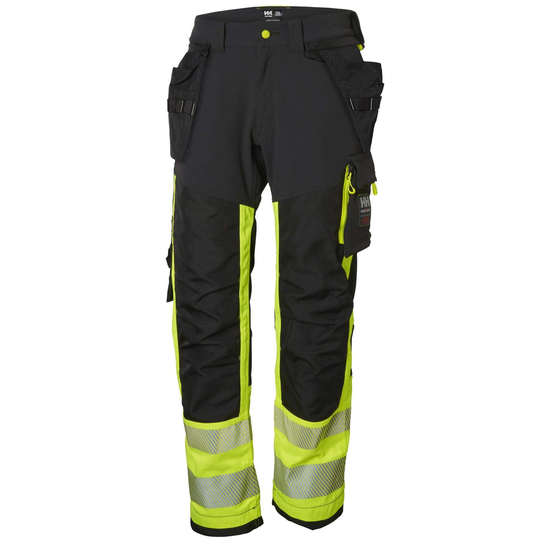 Helly Hansen ICU Hi Vis Construction Stretch Work Trousers Class 1 Yellow/Ebony 1 Front #colour_yellow-ebony