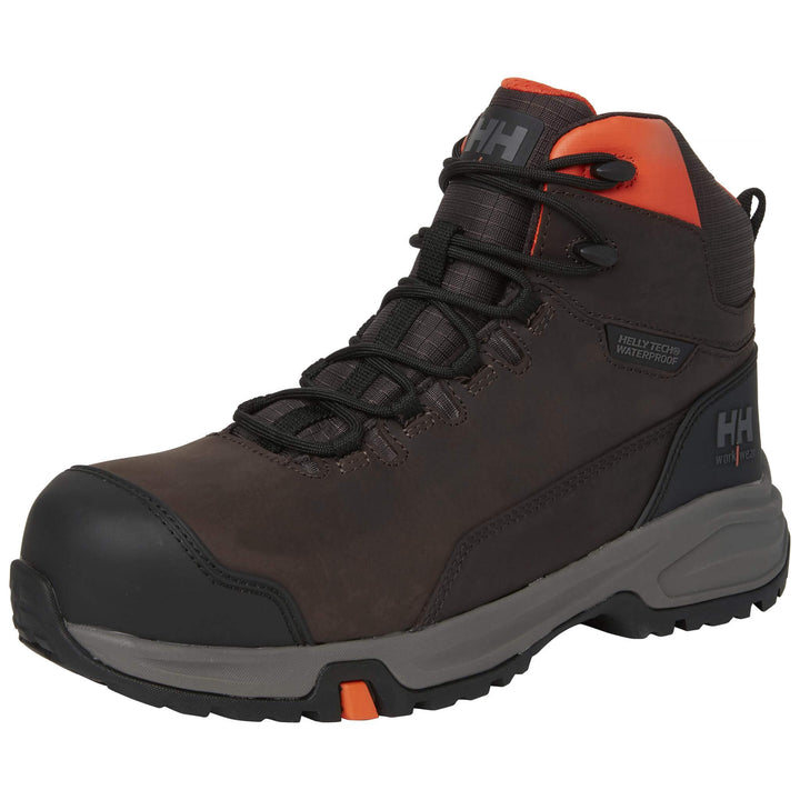 Helly Hansen Manchester LTR Mid S7L HT Waterproof Lightweight Breathable Metal-free Safety Boots Dark Brown Angle#colour_dark-brown