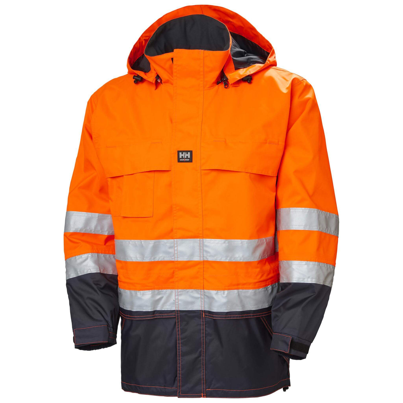Helly Hansen Potsdam Hi Vis Waterproof Jacket Hi-Vis Orange/Navy Front#colour_hi-vis-orange-navy