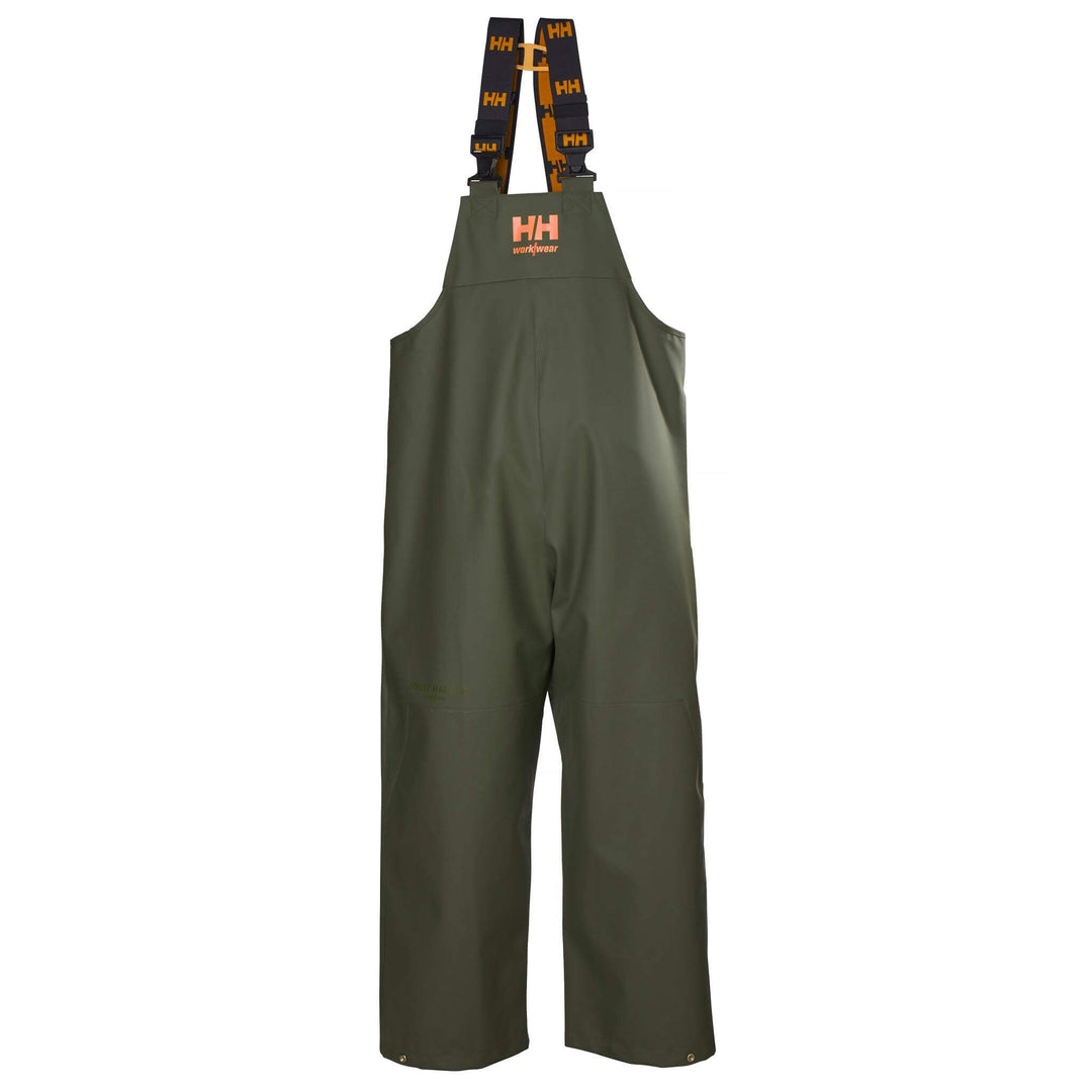 Helly Hansen Storm Waterproof Rain Bib and Brace Pants Army Green Front#colour_army-green