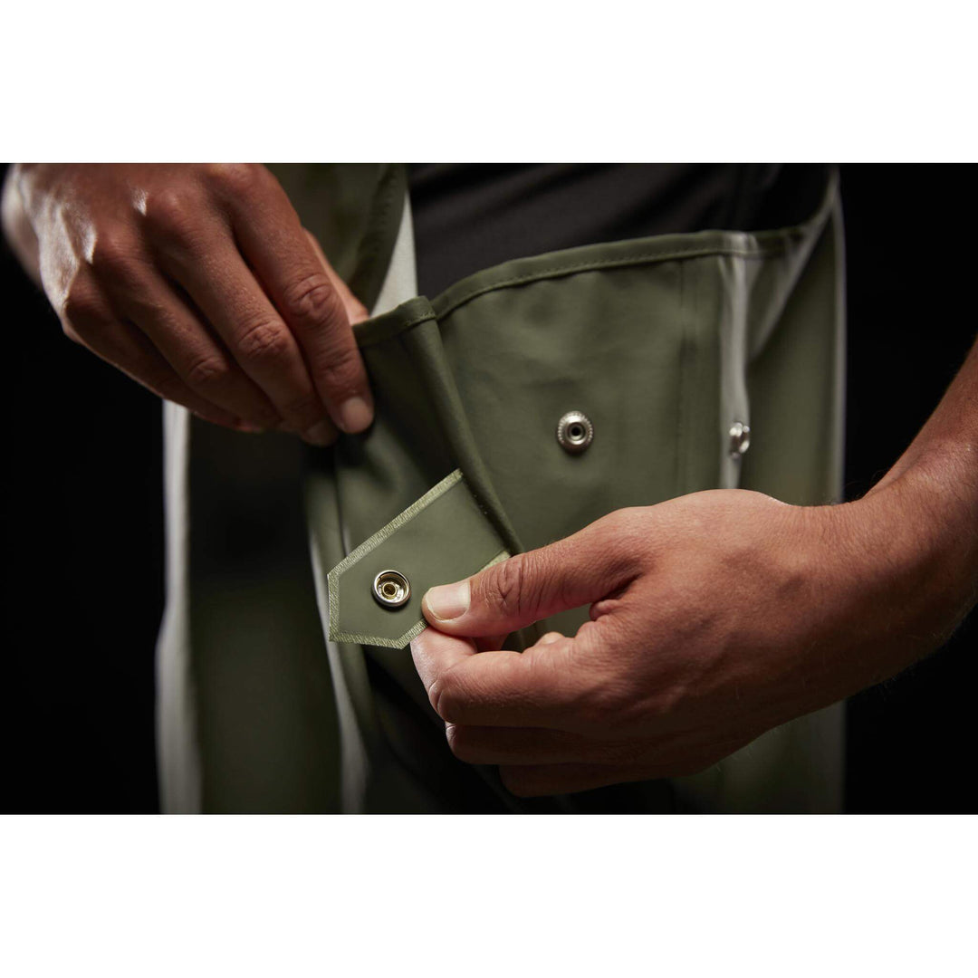 Helly Hansen Storm Waterproof Rain Bib and Brace Pants Army Green Detail 2#colour_army-green