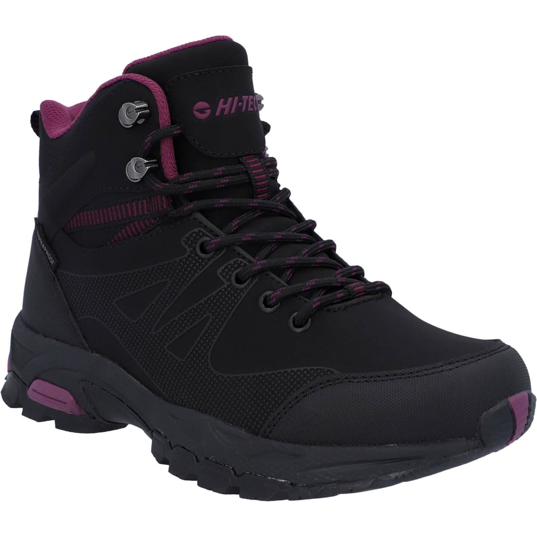 Hi-Tec Jackdaw Mid Lightweight Womens Waterproof Hiking Boots Black/Burgundy 1#colour_black-burgundy