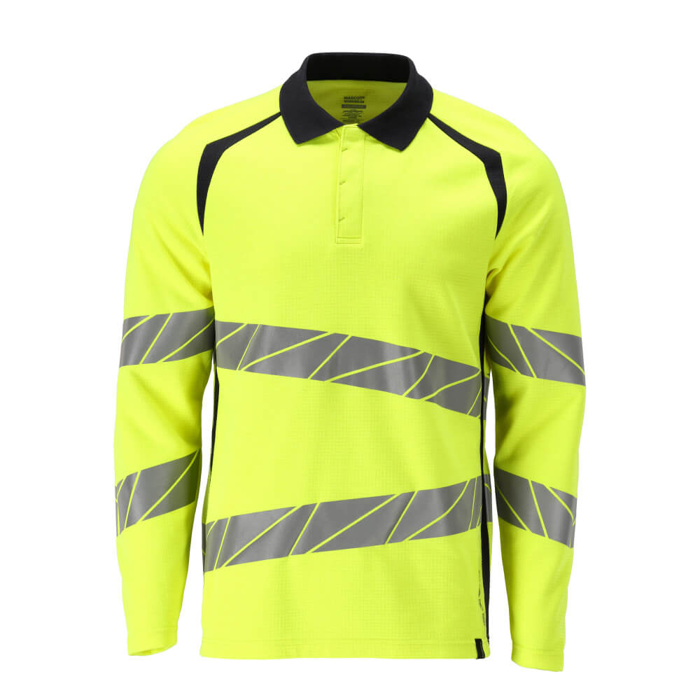 Masco tFR and Arc Multi-Protective Hi Vis Long-Sleeved Polo Shirt 21383-327 Front #colour_hi-vis-yellow-dark-navy-blue