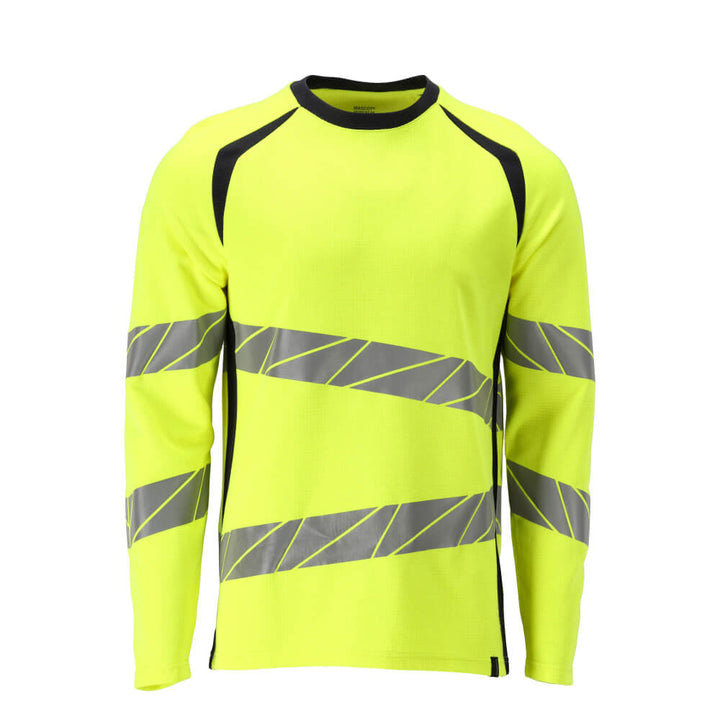 Mascot FR and Arc Multi-Protective Hi Vis Long-Sleeved T-Shirt  21381-327 Front #colour_hi-vis-yellow-dark-navy-blue