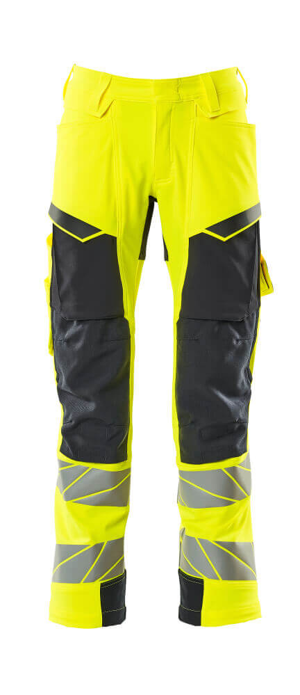 Mascot Hi-Vis Kneepad Trousers with Stretch Front #colour_hi-vis-yellow-dark-navy-blue