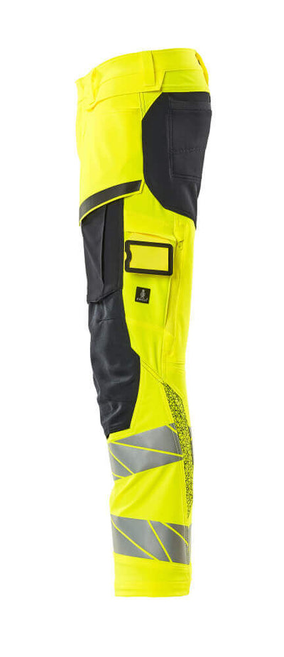 Mascot Hi-Vis Kneepad Trousers with Stretch Right #colour_hi-vis-yellow-dark-navy-blue