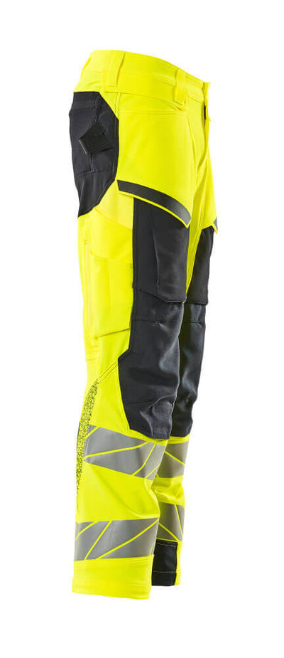 Mascot Hi-Vis Kneepad Trousers with Stretch Left #colour_hi-vis-yellow-dark-navy-blue