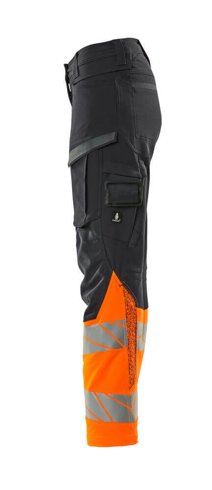 Mascot Hi-Vis Trousers Kneepad Stretch Right #colour_dark-navy-blue-hi-vis-orange