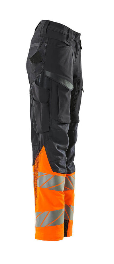 Mascot Hi-Vis Trousers Kneepad Stretch Left #colour_dark-navy-blue-hi-vis-orange