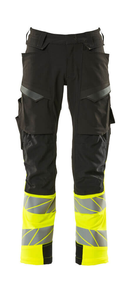 Mascot Hi-Vis Trousers Kneepad Stretch Front #colour_black-hi-vis-yellow