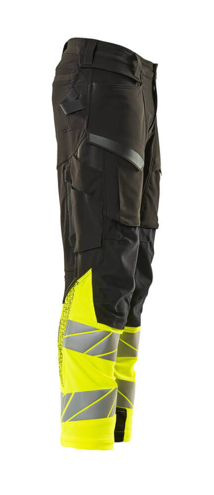 Mascot Hi-Vis Trousers Kneepad Stretch Left #colour_black-hi-vis-yellow