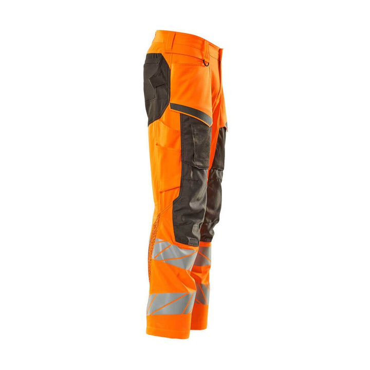 Mascot Hi-Vis Trousers with Kneepad Pockets & Stretch Left #colour_hi-vis-orange-dark-anthracite-grey