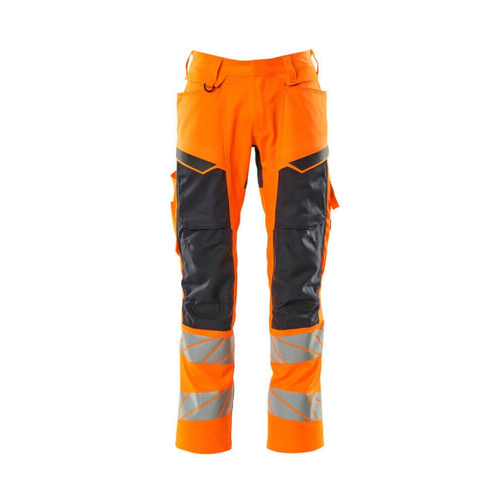 Mascot Hi-Vis Trousers with Kneepad Pockets & Stretch Front #colour_hi-vis-orange-dark-navy-blue