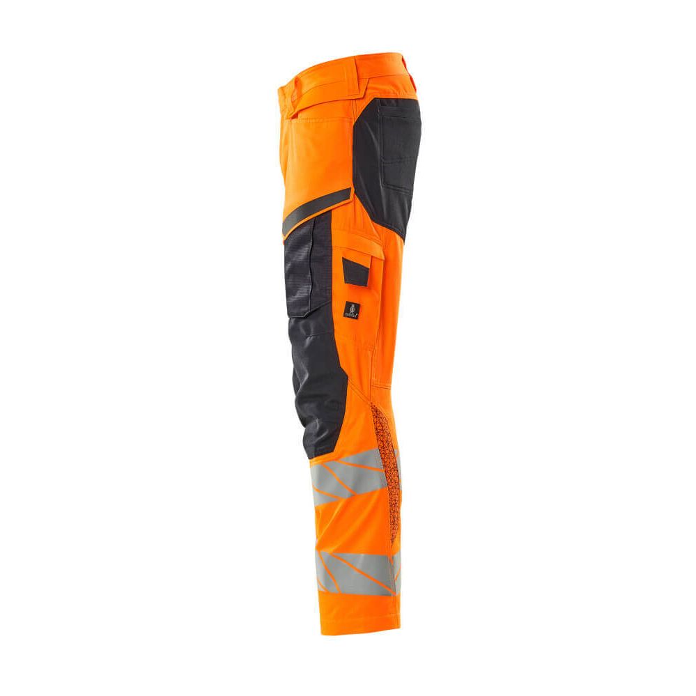 Mascot Hi-Vis Trousers with Kneepad Pockets & Stretch Right #colour_hi-vis-orange-dark-navy-blue