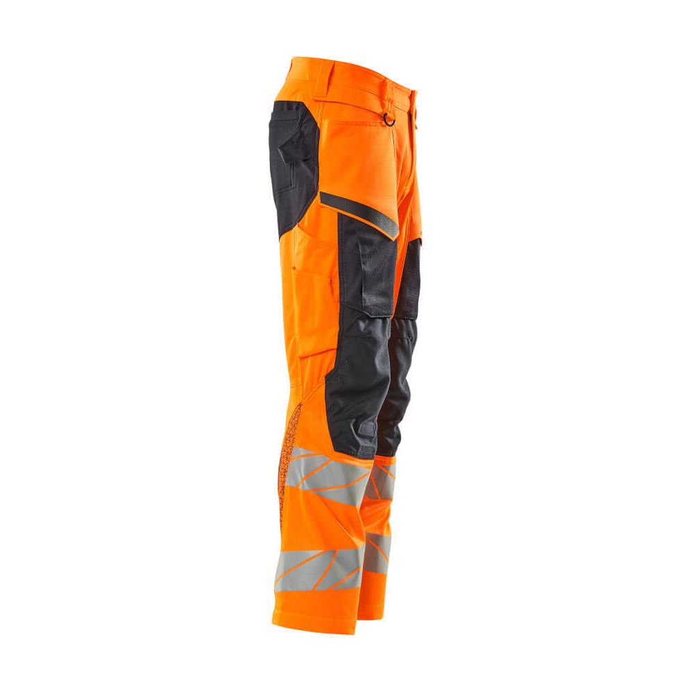 Mascot Hi-Vis Trousers with Kneepad Pockets & Stretch Left #colour_hi-vis-orange-dark-navy-blue