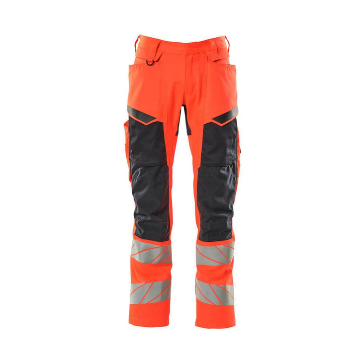 Mascot Hi-Vis Trousers with Kneepad Pockets & Stretch Front #colour_hi-vis-red-dark-navy-blue