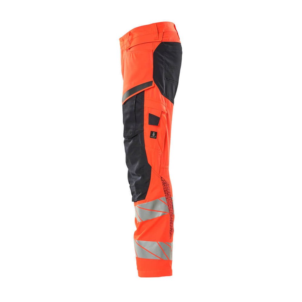 Mascot Hi-Vis Trousers with Kneepad Pockets & Stretch Right #colour_hi-vis-red-dark-navy-blue