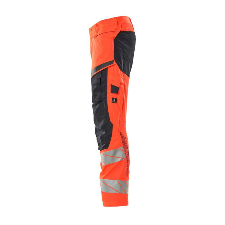 Mascot Hi-Vis Trousers with Kneepad Pockets & Stretch Right #colour_hi-vis-red-dark-navy-blue