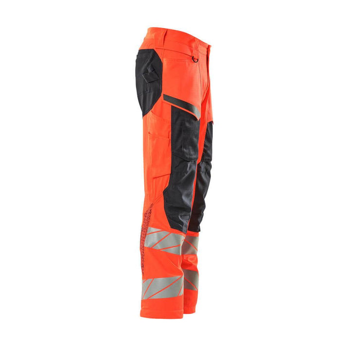Mascot Hi-Vis Trousers with Kneepad Pockets & Stretch Left #colour_hi-vis-red-dark-navy-blue