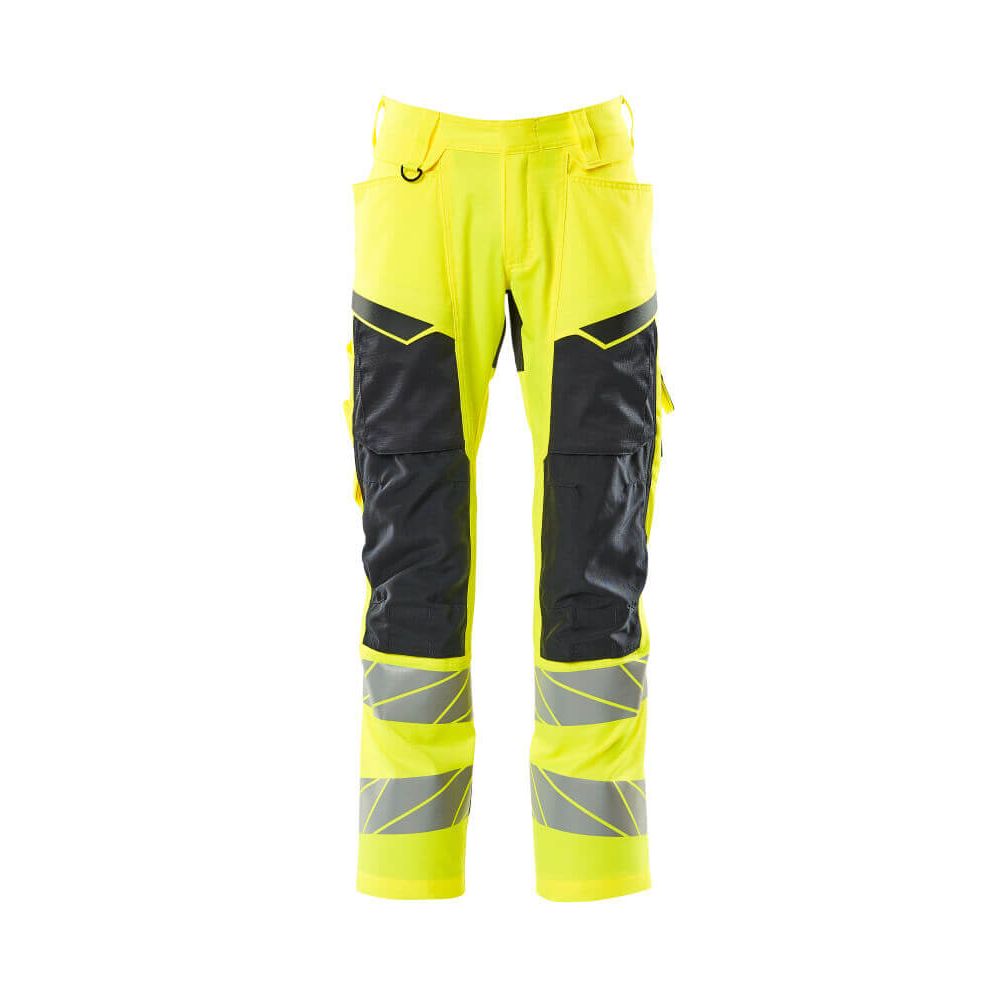 Mascot Hi-Vis Trousers with Kneepad Pockets & Stretch Front #colour_hi-vis-yellow-dark-navy-blue