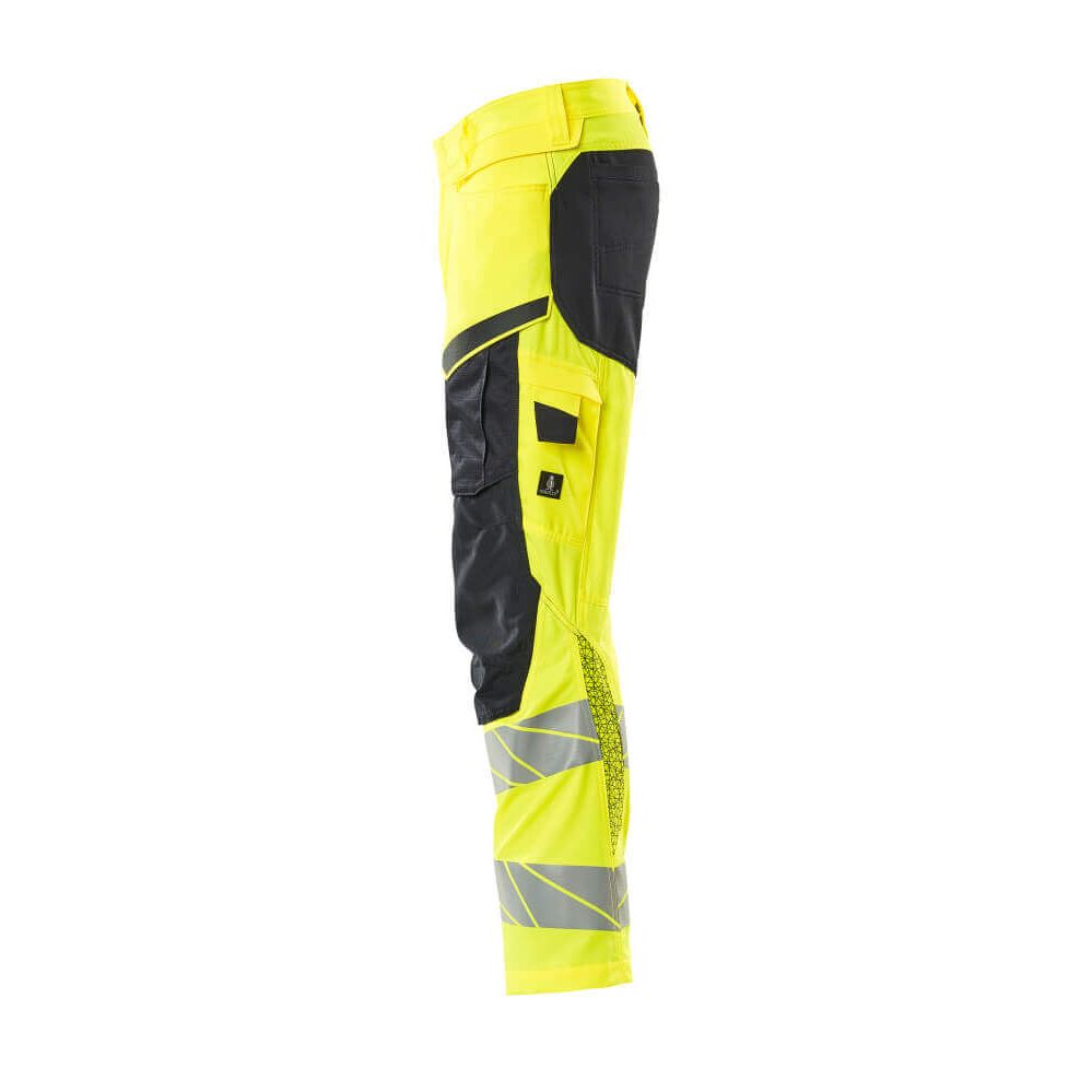 Mascot Hi-Vis Trousers with Kneepad Pockets & Stretch Right #colour_hi-vis-yellow-dark-navy-blue
