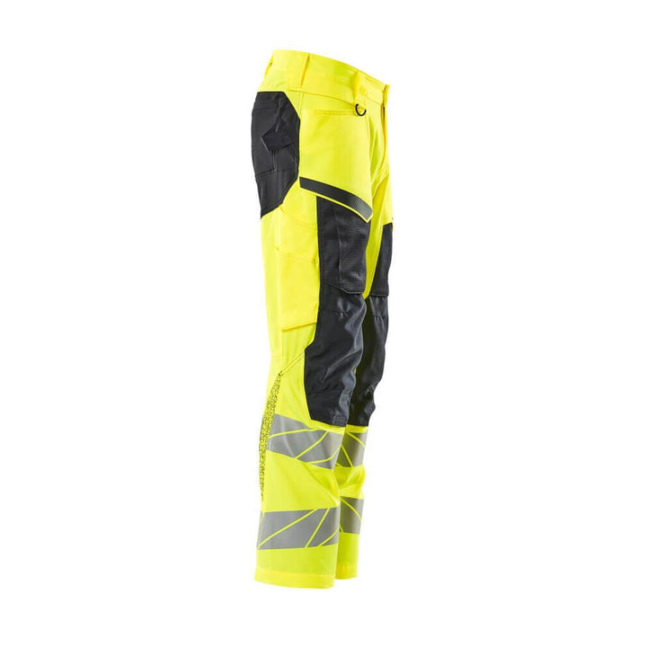 Mascot Hi-Vis Trousers with Kneepad Pockets & Stretch Left #colour_hi-vis-yellow-dark-navy-blue