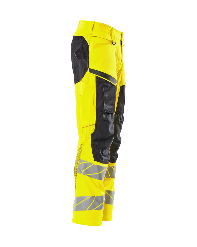 Mascot Hi-Vis Trousers with Kneepad Pockets & Stretch Left #colour_hi-vis-yellow-black