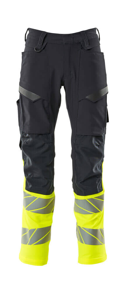 Mascot Hi-Vis Trousers with Stretch & Kneepad Pockets 19879-711 Front #colour_dark-navy-blue-hi-vis-yellow