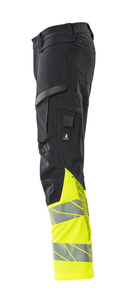 Mascot Hi-Vis Trousers with Stretch & Kneepad Pockets 19879-711 Right #colour_dark-navy-blue-hi-vis-yellow