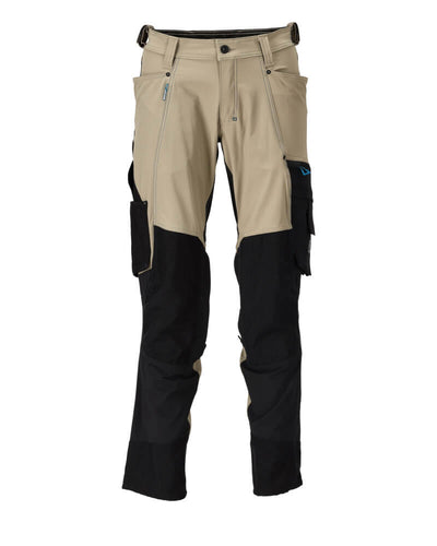 Mascot Lightweight Durable Water Repellent 4-Way-Stretch Trousers with Kneepad Pockets 23179-311 Front #colour_light-khaki-black