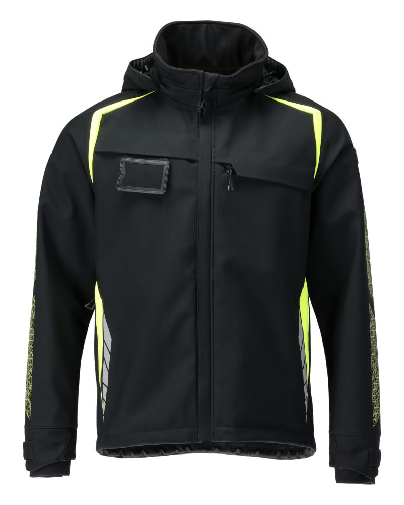 Mascot Water Resistant Windproof Softshell Jacket with Removable Hood 23002-246 Front #colour_black-hi-vis-yellow