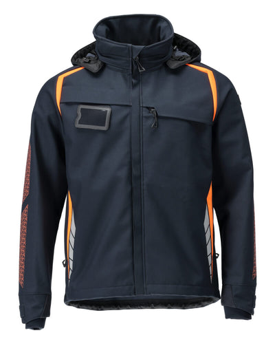 Mascot Water Resistant Windproof Softshell Jacket with Removable Hood 23002-246 Front #colour_dark-navy-blue-hi-vis-orange