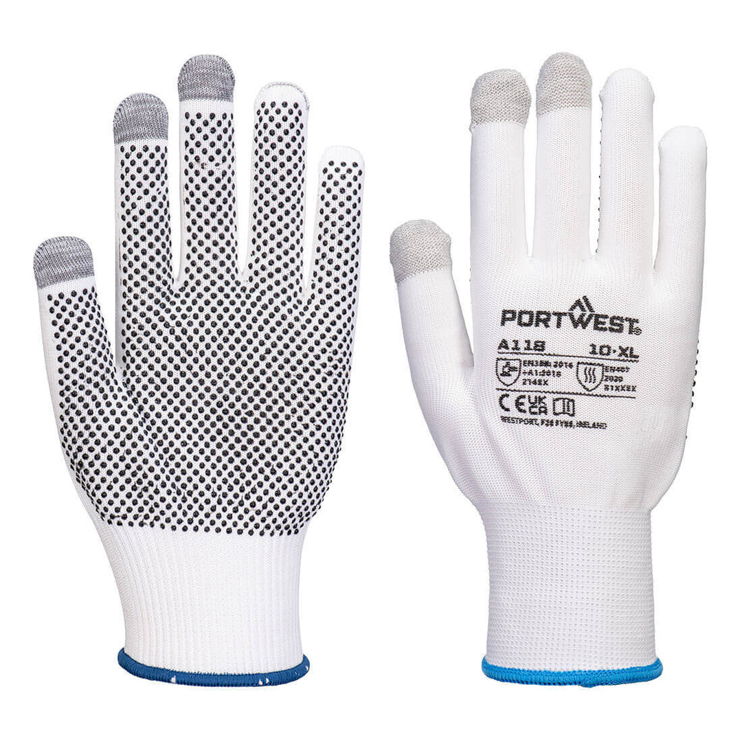 Portwest A118 Grip 13 PVC Dotted Touchscreen Gloves (12 Pack) White/Grey Main#colour_white-grey