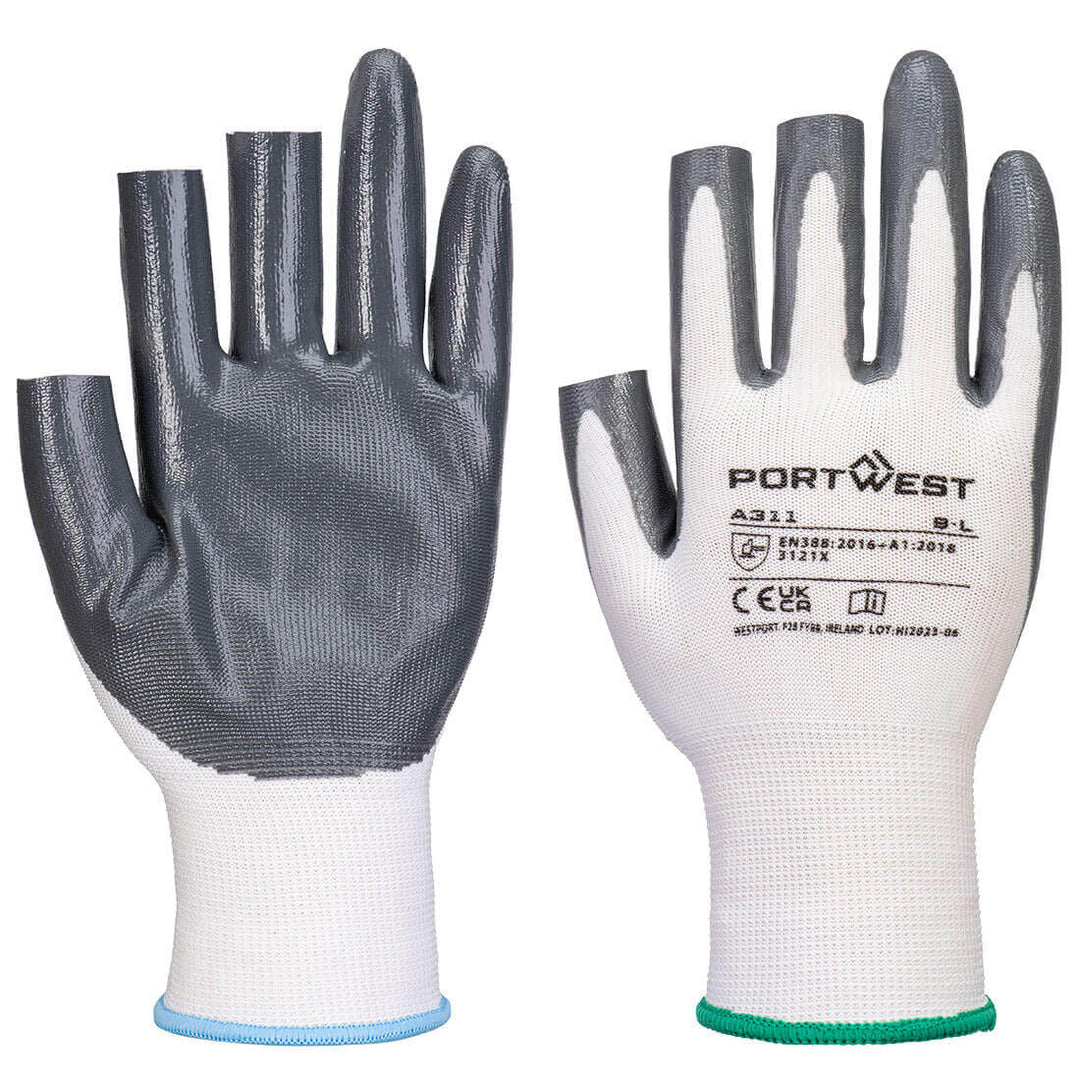 Portwest A311 Grip 13 Nitrile 3 Fingerless Gloves (12 Pack) White/Grey Main#colour_white-grey