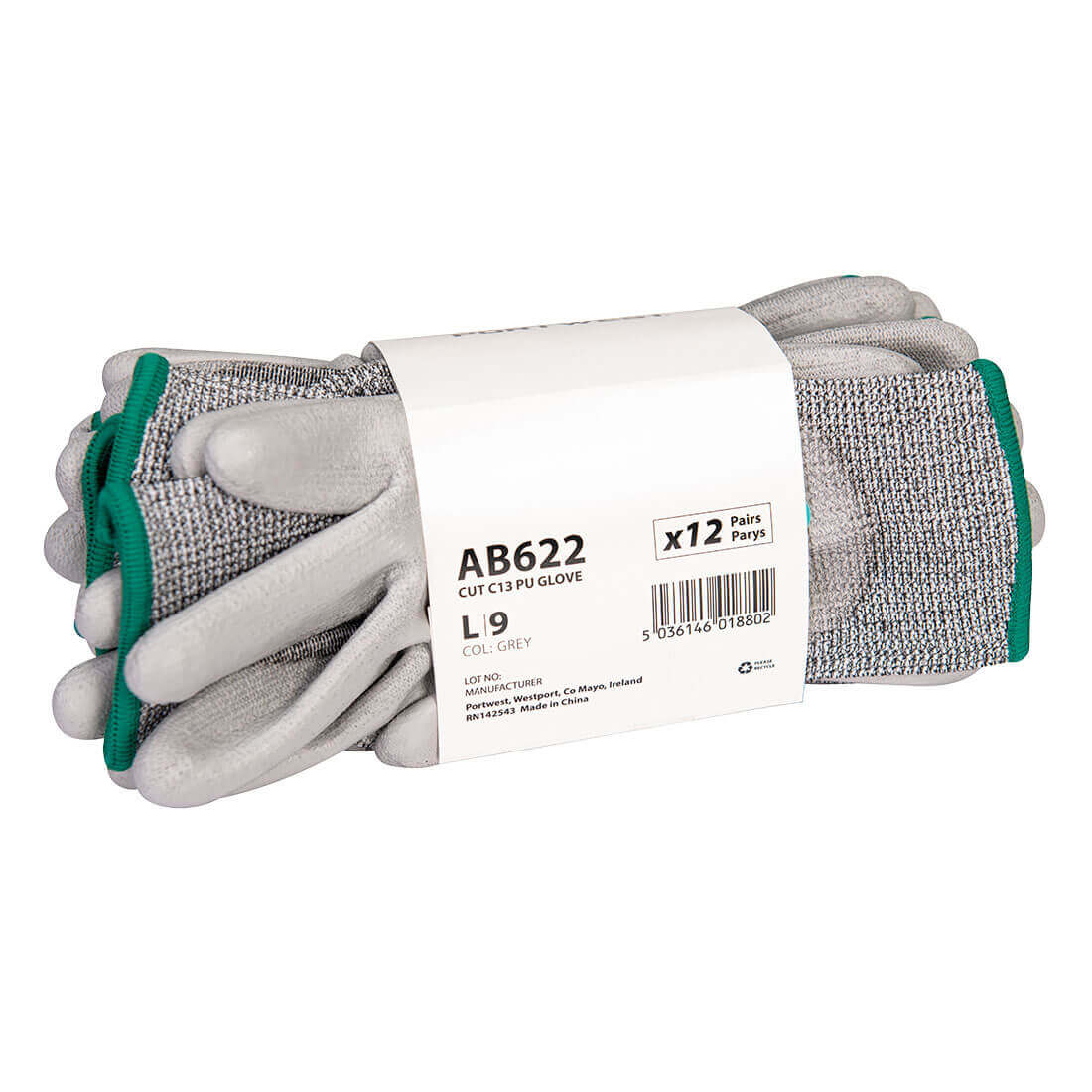 Portwest AB622 Cut C 13 PU Essential Gloves Multipack (12 Pack) Grey Main#colour_grey