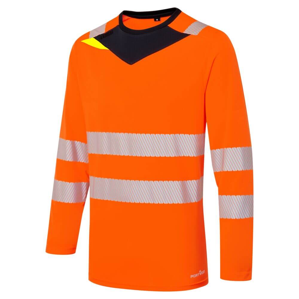 Portwest DX416 DX4 Hi-Vis Moisture Wicking Long Sleeve T-Shirt Orange/Black Image 2#colour_orange-black