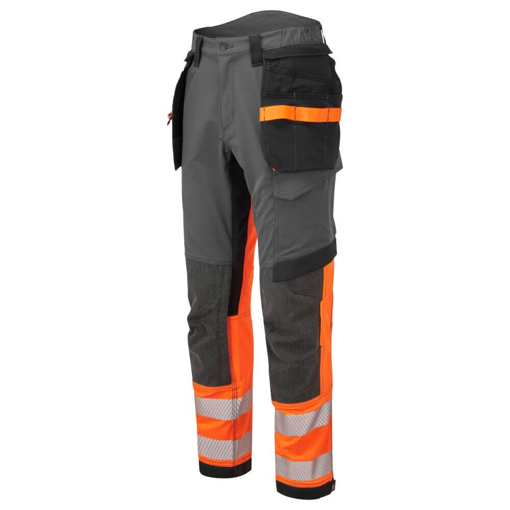 Portwest EV442 EV4 Hi-Vis 4-Way-Stretch Stretch Detachable Holster Class 1 Trousers  Image 2#colour_orange-grey