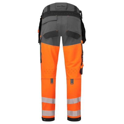 Portwest EV442 EV4 Hi-Vis 4-Way-Stretch Stretch Detachable Holster Class 1 Trousers  Rear#colour_orange-grey